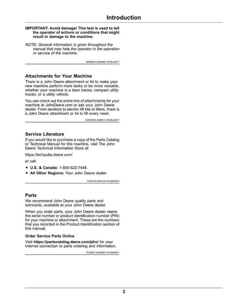 May include: A page from a John Deere manual titled "Introduction." The text covers attachments, service literature, and parts information. Includes a phone number for the U.S. & Canada and a website address for online parts.