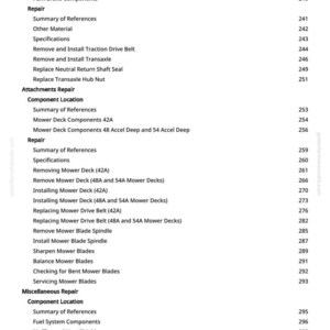 May include: A detailed table of contents from a greenfarmmanuals.com manual, listing repair and maintenance procedures for lawn mower components. The text includes sections on drive linkage, repair, and mower deck components.