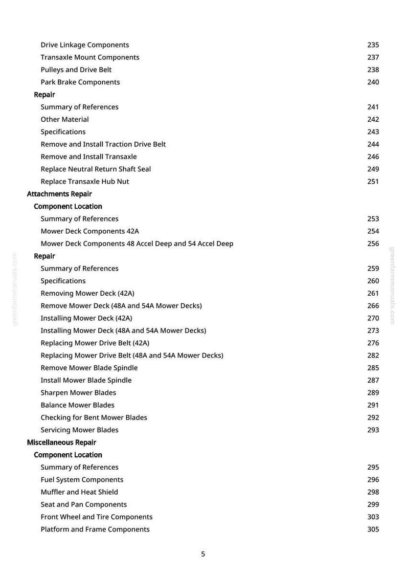 May include: A detailed table of contents from a greenfarmmanuals.com manual, listing repair and maintenance procedures for lawn mower components. The text includes sections on drive linkage, repair, and mower deck components.