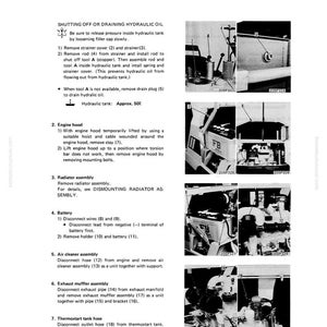 May include: A page from a manual detailing disassembly and assembly procedures for an engine. The text includes instructions for shutting off hydraulic oil, engine hood removal, and battery disconnection. Diagrams and illustrations accompany the text.