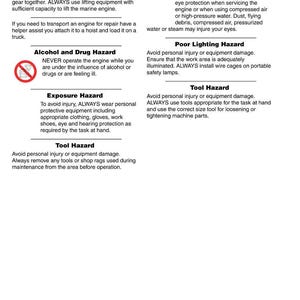 May include: Safety precautions document detailing hazard warnings and cautions. Warnings cover lifting, alcohol/drug, exposure, and tool hazards. Cautions address eye protection, lighting, and tool use. Focus is on safe engine maintenance practices.