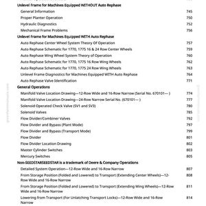 May include: A page from a manual with a list of technical terms and page numbers related to agricultural machinery. The text includes terms like "Hydraulic Valve Function," "Auto Rephase," and "Flow Divider," with a Deere & Company trademark.