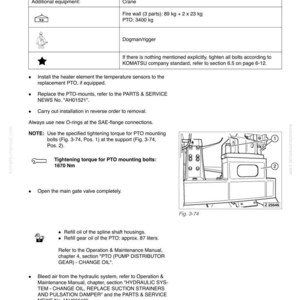 May include: Diagram from a Komatsu manual detailing the replacement of a pump distributor gear box (PTO). Includes specifications for special tools, additional equipment, and tightening torque for PTO mounting bolts. The diagram also shows a detailed illustration of the PTO.