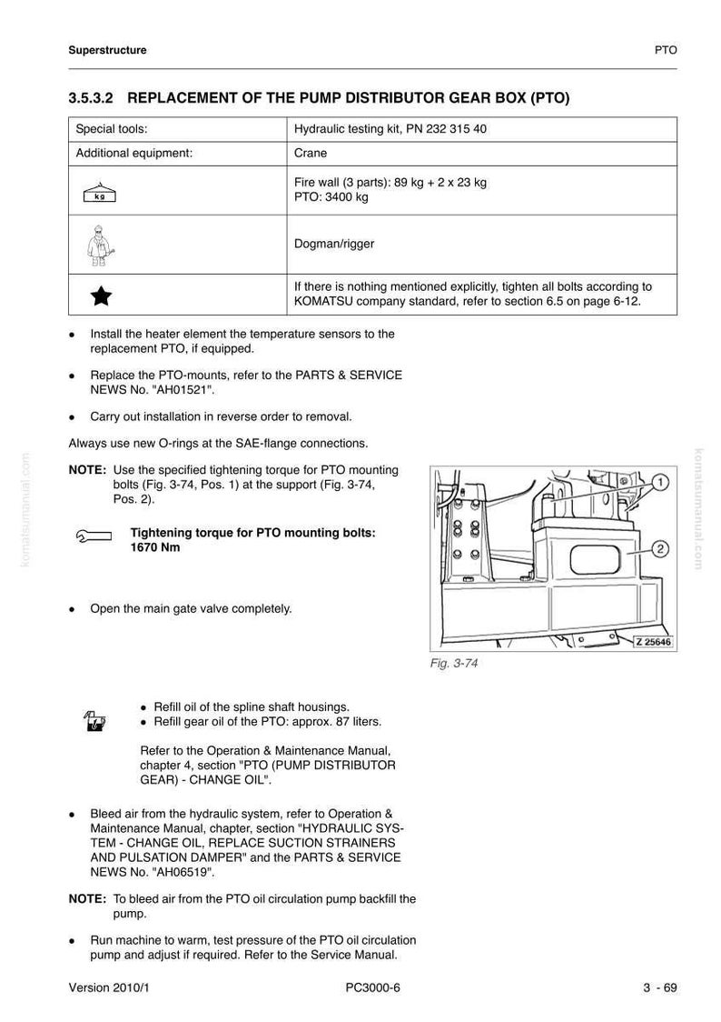 May include: Diagram from a Komatsu manual detailing the replacement of a pump distributor gear box (PTO). Includes specifications for special tools, additional equipment, and tightening torque for PTO mounting bolts. The diagram also shows a detailed illustration of the PTO.