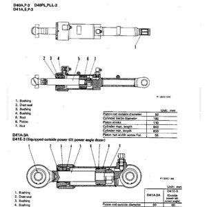 May include: Technical diagram of a blade tilt cylinder, labelled with part numbers and measurements in millimetres. The diagram shows detailed views of the cylinder's components, including bushings, seals, rods, and pistons, with dimensions provided.