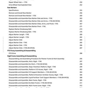 May include: A page from a greenfarmmanuals.com manual, featuring a detailed table of contents. The text lists various procedures for agricultural equipment, including wheel hub repair, row marker adjustments, and frame assembly.