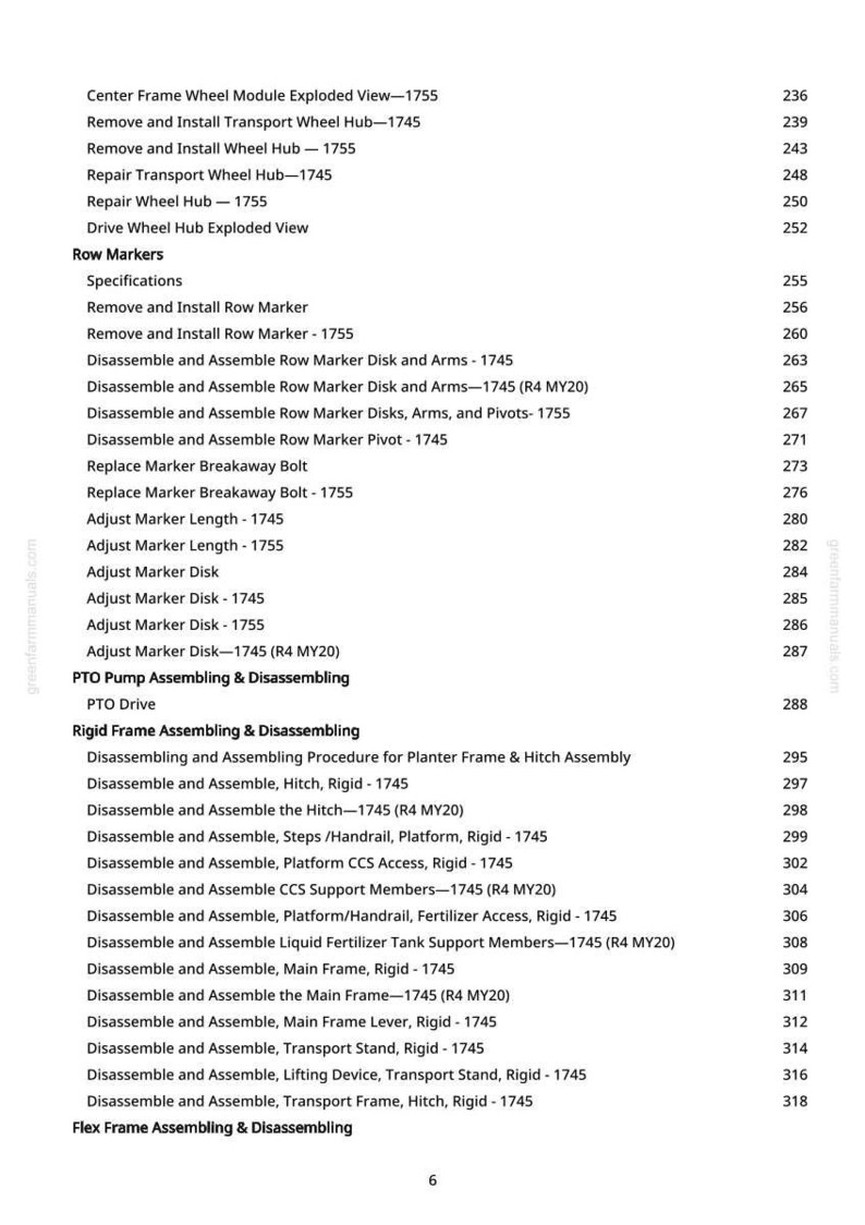 May include: A page from a greenfarmmanuals.com manual, featuring a detailed table of contents. The text lists various procedures for agricultural equipment, including wheel hub repair, row marker adjustments, and frame assembly.