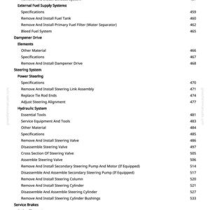 May include: A page from a manual with a list of automotive repair procedures, including "Inspect Element," "External Exhaust System," and "Service Brakes." The page numbers are visible on the right side.