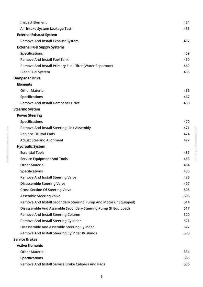 May include: A page from a manual with a list of automotive repair procedures, including "Inspect Element," "External Exhaust System," and "Service Brakes." The page numbers are visible on the right side.