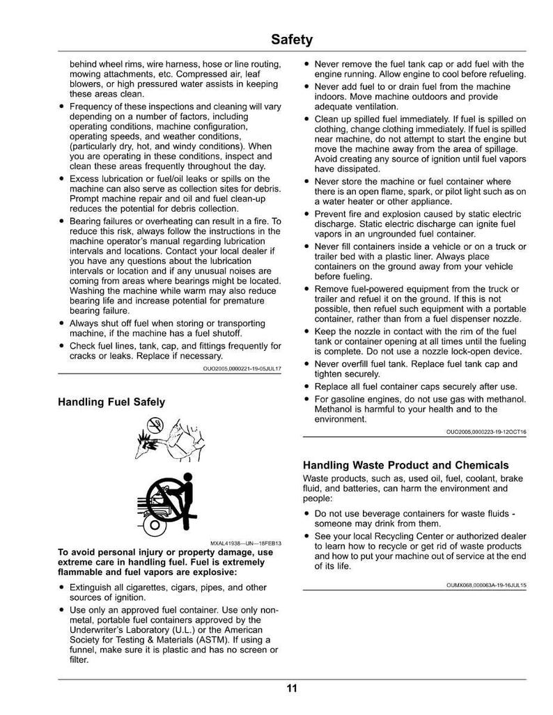 Puede incluir: Una p&aacute;gina de un manual de seguridad con los t&iacute;tulos &laquo;Seguridad&raquo; y &laquo;Manipulaci&oacute;n segura del combustible&raquo;. Contiene directrices de seguridad, advertencias e instrucciones para manipular combustible y residuos. Tambi&eacute;n incluye un s&iacute;mbolo de advertencia.