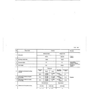 May include: A detailed technical diagram with the title "MAINTENANCE STANDARD" and "TRACK SHOE". The document includes tables with measurements in millimeters, detailing various mechanical specifications and repair limits for machinery components.