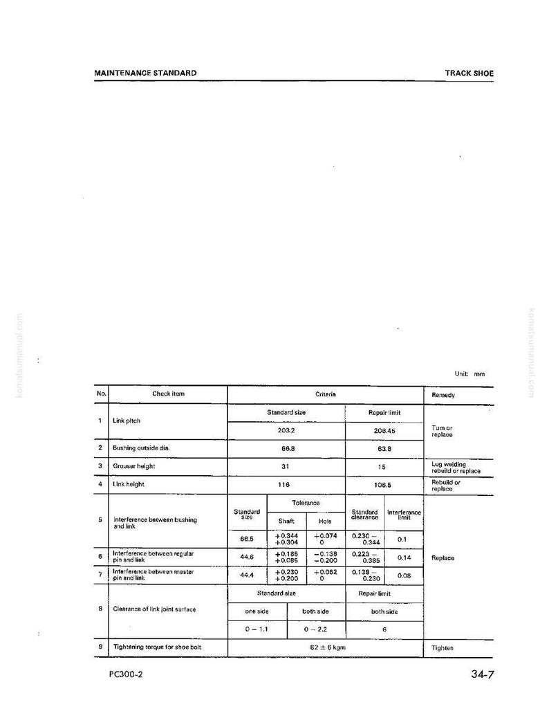 May include: A detailed technical diagram with the title "MAINTENANCE STANDARD" and "TRACK SHOE". The document includes tables with measurements in millimeters, detailing various mechanical specifications and repair limits for machinery components.