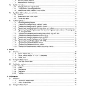 Puede incluir: Una p&aacute;gina de documento titulada "Contenido" con una lista de temas, incluidas las instrucciones de seguridad, los pares de apriete y los componentes del motor. El documento es de Weidemann e incluye un n&uacute;mero de versi&oacute;n.