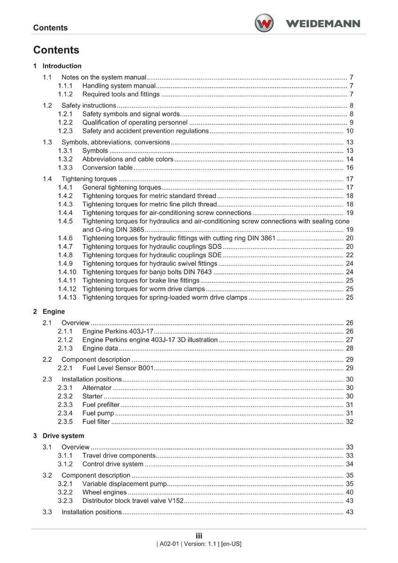Puede incluir: Una p&aacute;gina de documento titulada "Contenido" con una lista de temas, incluidas las instrucciones de seguridad, los pares de apriete y los componentes del motor. El documento es de Weidemann e incluye un n&uacute;mero de versi&oacute;n.