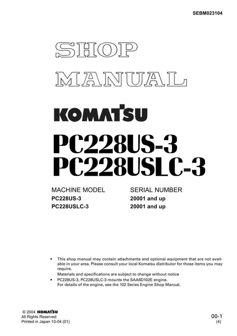 May include: A white shop manual cover with black text. The title "SHOP MANUAL" is at the top, followed by the Komatsu logo and "PC228US-3 PC228USLC-3". Below are machine model and serial number details. The manual is printed in Japan.