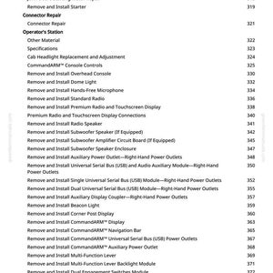 Puede incluir: Una p&aacute;gina de manual con una lista de instrucciones para equipos John Deere. El texto incluye temas como "Retirar e instalar el arrancador", "Controles de consola CommandARM" y "Toma de corriente auxiliar".