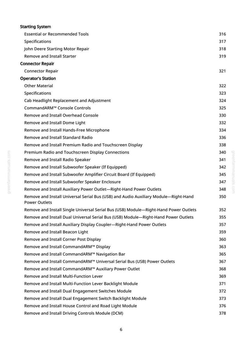 Puede incluir: Una p&aacute;gina de manual con una lista de instrucciones para equipos John Deere. El texto incluye temas como "Retirar e instalar el arrancador", "Controles de consola CommandARM" y "Toma de corriente auxiliar".