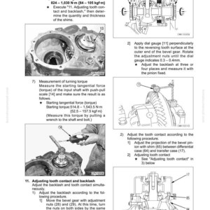 May include: Diagrams and instructions for disassembly and assembly of mechanical components. Includes torque specifications in Newton-meters and kgf-m. Features detailed illustrations of gears, shims, and other parts, with measurements in millimeters.