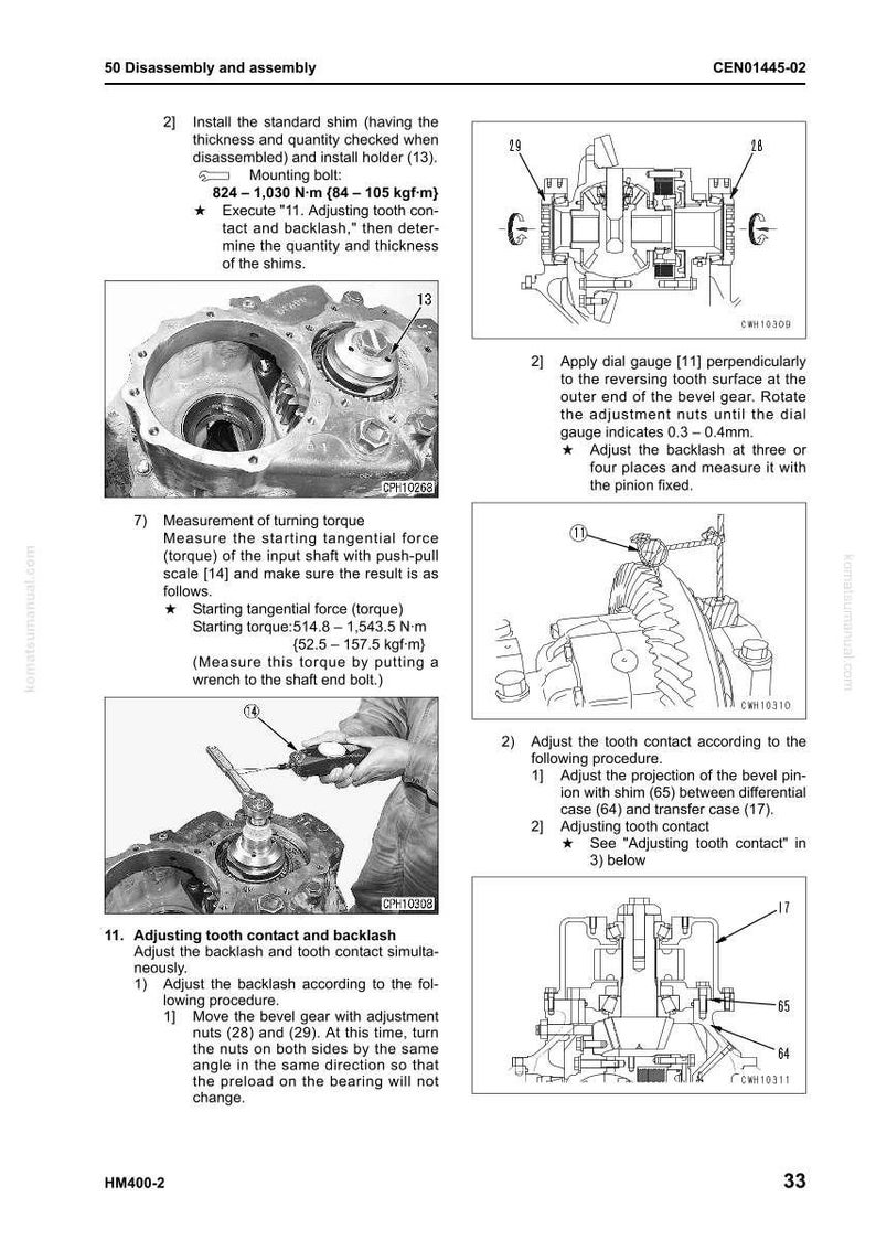 May include: Diagrams and instructions for disassembly and assembly of mechanical components. Includes torque specifications in Newton-meters and kgf-m. Features detailed illustrations of gears, shims, and other parts, with measurements in millimeters.