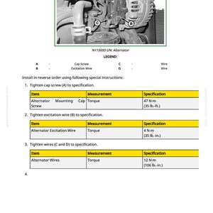 May include: Image of an alternator with a legend and specifications for tightening cap screws and wires. The specifications include torque measurements in lb.-ft. and lb.-in. The text "N115693-UN: Alternator" is visible.