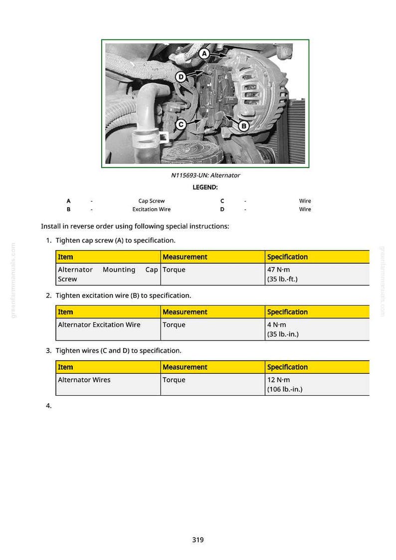 May include: Image of an alternator with a legend and specifications for tightening cap screws and wires. The specifications include torque measurements in lb.-ft. and lb.-in. The text "N115693-UN: Alternator" is visible.