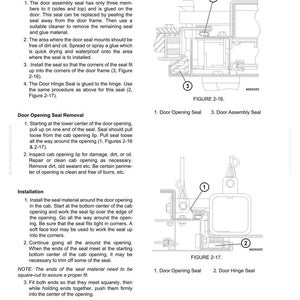 K&ouml;nnte beinhalten: Technische Diagramme und Anweisungen zum Austausch von T&uuml;r- und Scharnierdichtungen in einer Lkw-Kabine. Der Text beschreibt den Aus- und Einbauprozess mit beschrifteten Diagrammen der T&uuml;r&ouml;ffnung und der Scharnierdichtungen.