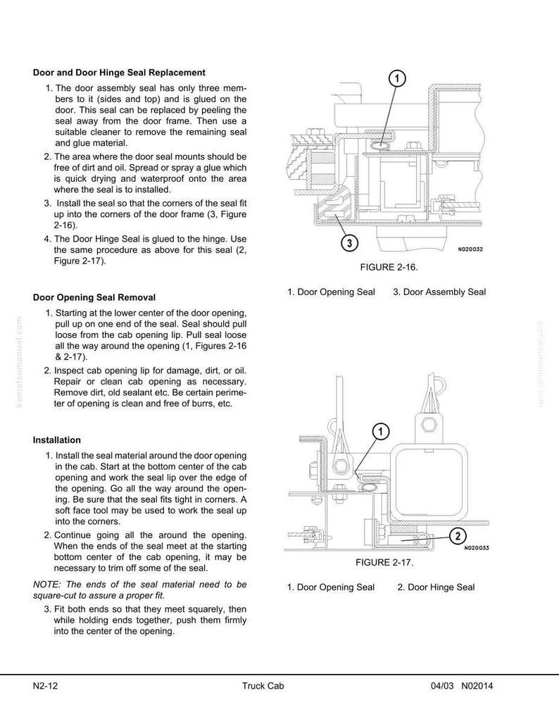 K&ouml;nnte beinhalten: Technische Diagramme und Anweisungen zum Austausch von T&uuml;r- und Scharnierdichtungen in einer Lkw-Kabine. Der Text beschreibt den Aus- und Einbauprozess mit beschrifteten Diagrammen der T&uuml;r&ouml;ffnung und der Scharnierdichtungen.