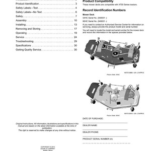 May include: A page from a manual with the title "Contents" and sections on product identification, safety, and assembly. Includes diagrams of mower decks and spaces to record information.