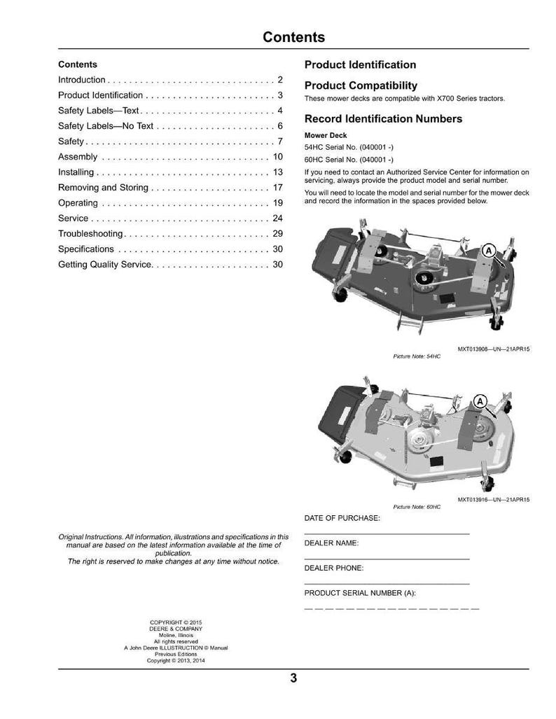 May include: A page from a manual with the title "Contents" and sections on product identification, safety, and assembly. Includes diagrams of mower decks and spaces to record information.