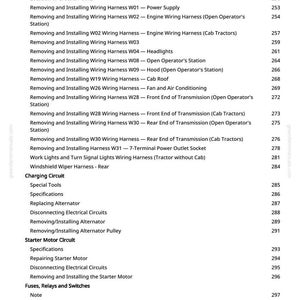 May include: A page from a greenfarmmanuals.com manual, detailing tractor wiring harness procedures. The text covers topics like headlights, cab roofs, and power supplies, with corresponding page numbers.