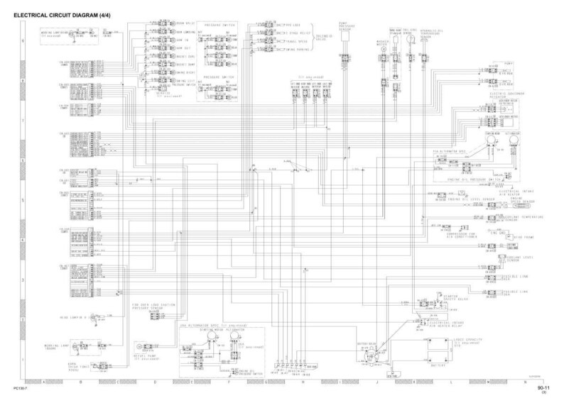 K&ouml;nnte beinhalten: Schwarz-wei&szlig; Schaltplan mit der Bezeichnung "ELECTRICAL CIRCUIT DIAGRAM (4/4)". Das Diagramm zeigt ein komplexes Netzwerk aus Linien, Komponenten und Text, wahrscheinlich f&uuml;r ein Fahrzeug oder eine Maschine, mit technischen Details.