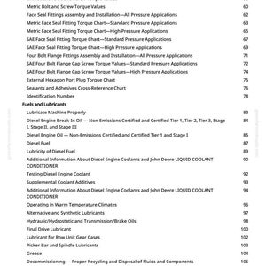 Puede incluir: Un detallado &iacute;ndice de un manual, con secciones sobre especificaciones, combustibles, lubricantes y ajustes. El texto es negro sobre fondo blanco, con n&uacute;meros de p&aacute;gina a la derecha.