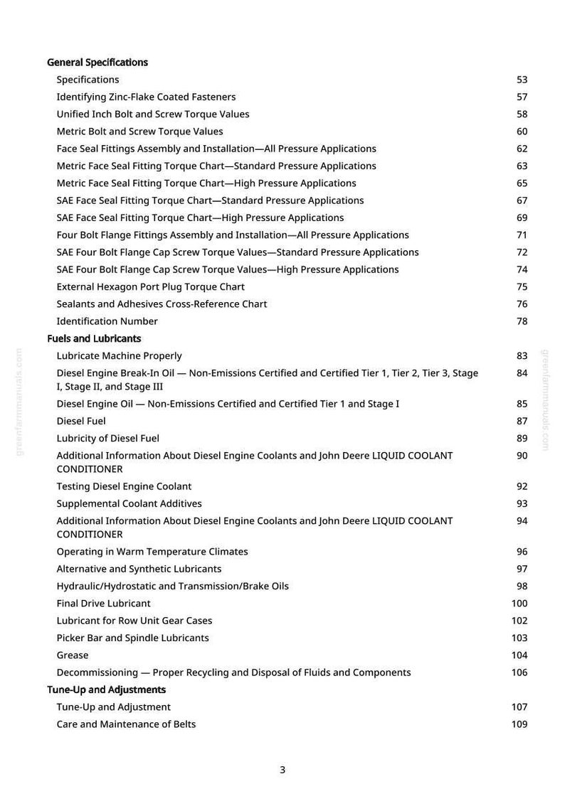 Puede incluir: Un detallado &iacute;ndice de un manual, con secciones sobre especificaciones, combustibles, lubricantes y ajustes. El texto es negro sobre fondo blanco, con n&uacute;meros de p&aacute;gina a la derecha.