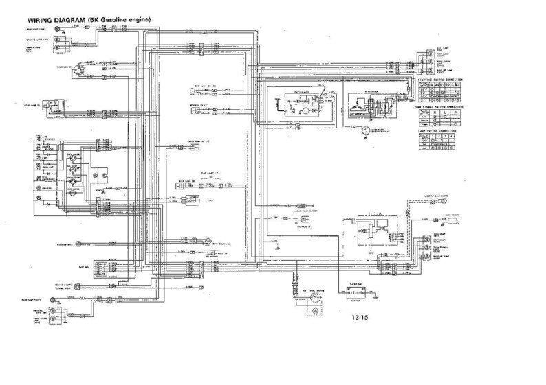 May include: A detailed wiring diagram for a 5K gasoline engine, with numerous lines, symbols, and text labels. The diagram is in black and white, showing the electrical connections and components of the engine.