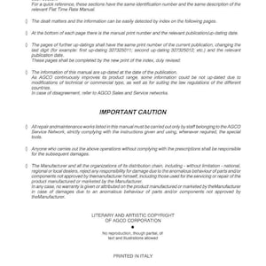 Puede incluir: Un manual impreso con los t&iacute;tulos "INTRODUCTORY REMARKS" y "IMPORTANT CAUTION". El documento presenta texto negro sobre fondo blanco, con el logotipo e informaci&oacute;n de copyright de AGCO Corporation. La fecha de impresi&oacute;n es 2012.
