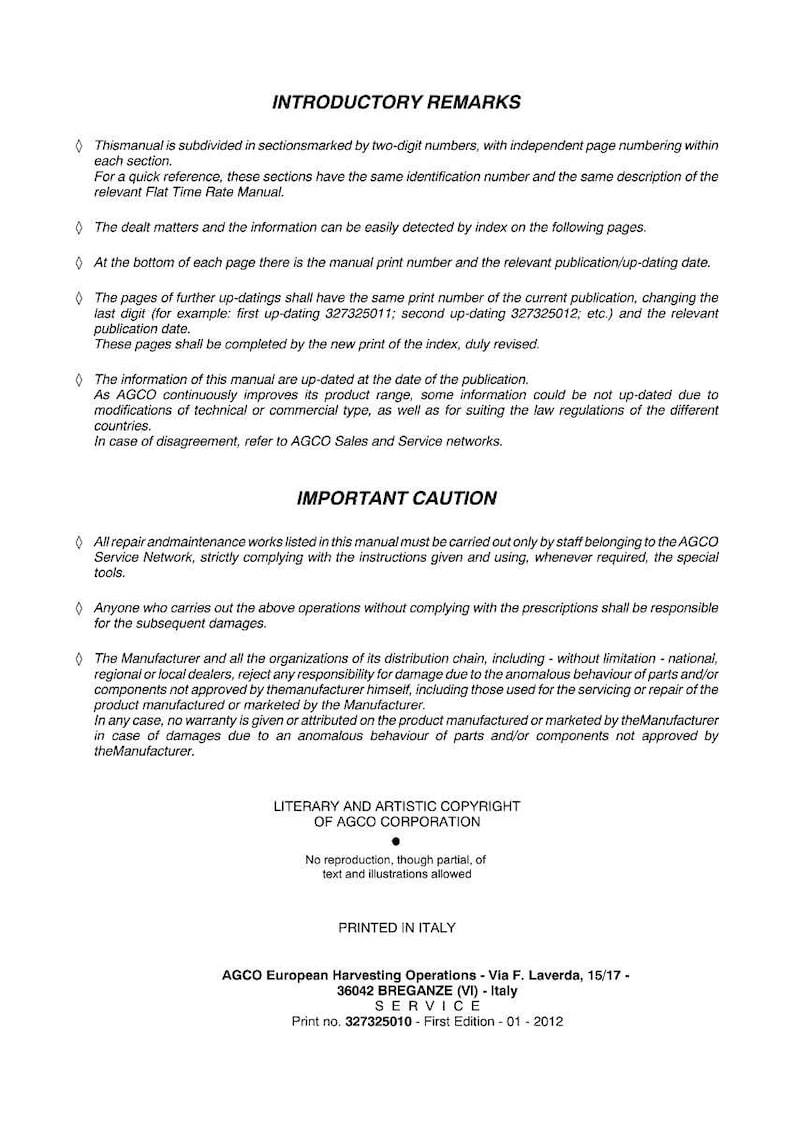 Puede incluir: Un manual impreso con los t&iacute;tulos "INTRODUCTORY REMARKS" y "IMPORTANT CAUTION". El documento presenta texto negro sobre fondo blanco, con el logotipo e informaci&oacute;n de copyright de AGCO Corporation. La fecha de impresi&oacute;n es 2012.