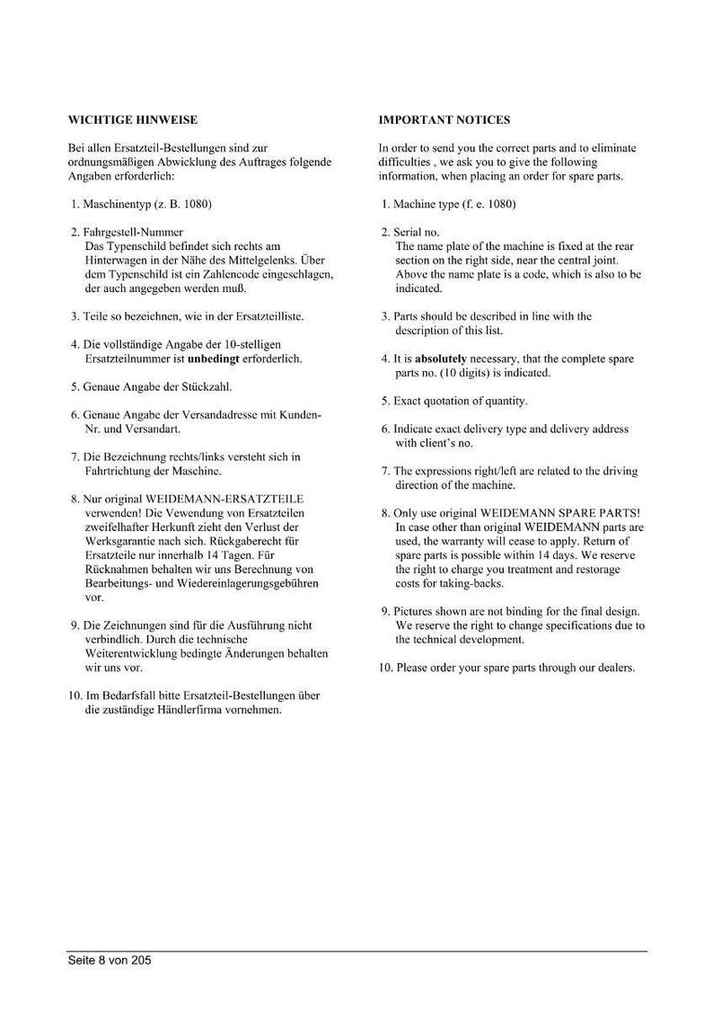 May include: A page from a manual with German and English text. The text provides instructions for ordering spare parts, including machine type, serial number, and part descriptions. The page is white with black text.