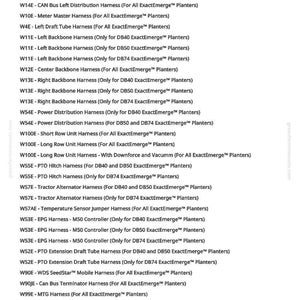 May include: A list of harnesses for ExactEmerge Planters, including CAN Bus, PTO, and EPG harnesses. The text is in black font on a white background. The list includes model numbers and descriptions.