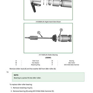 Op de afbeelding: Diagram van mechanische componenten, waaronder een schuifstuk, zeskantring, borgring, lager en looprol. De afbeelding bevat tekst en labels voor elk onderdeel, met instructies voor het vervangen van het looprollager.