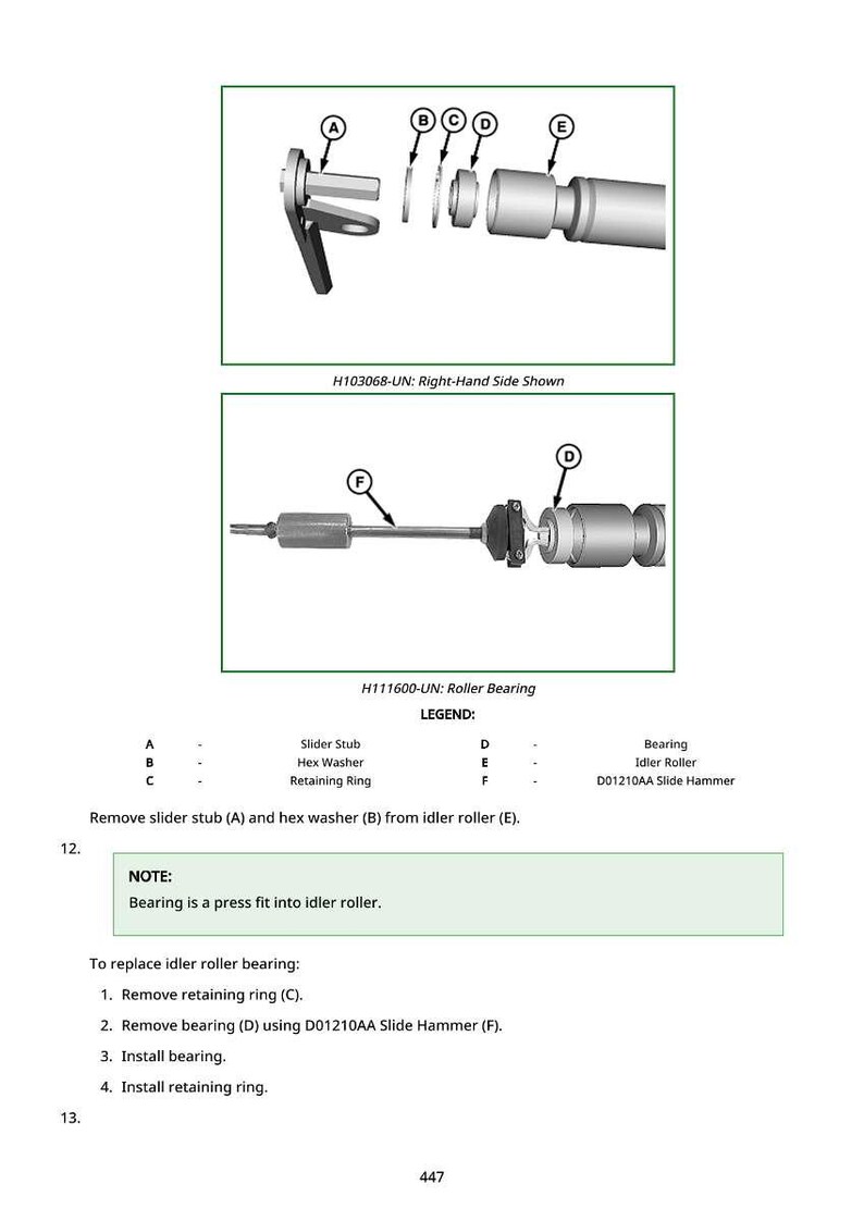 Op de afbeelding: Diagram van mechanische componenten, waaronder een schuifstuk, zeskantring, borgring, lager en looprol. De afbeelding bevat tekst en labels voor elk onderdeel, met instructies voor het vervangen van het looprollager.