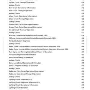 May include: A white page with a list of automotive electrical system topics and page numbers. Topics include circuit schematics, operational information, and voltage checks. The text is in black font.
