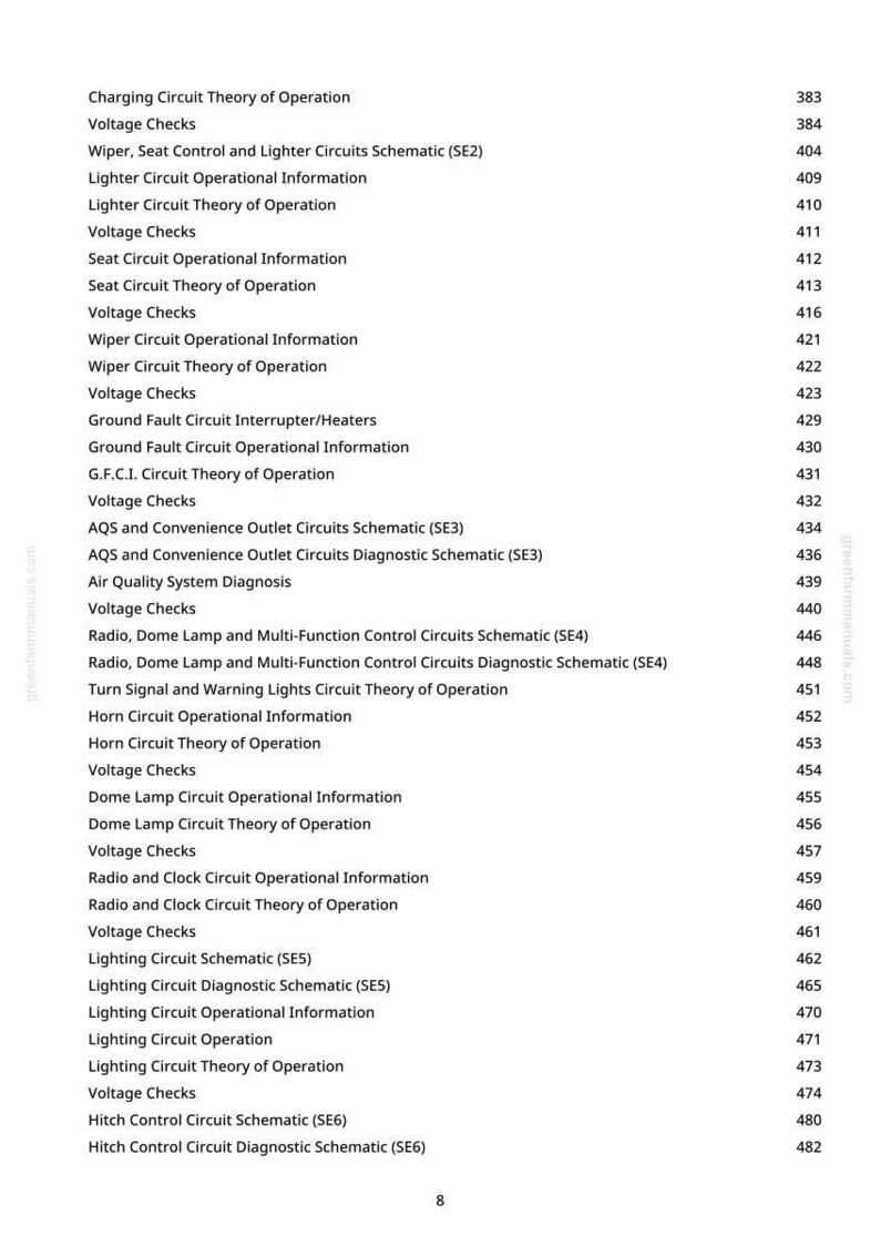 May include: A white page with a list of automotive electrical system topics and page numbers. Topics include circuit schematics, operational information, and voltage checks. The text is in black font.