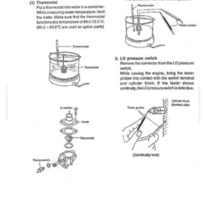 May include: Diagrams illustrating the process of checking sensors, including thermostats and thermoswitches. The image shows components like thermometers, tester probes, and a cylinder block, with text instructions.
