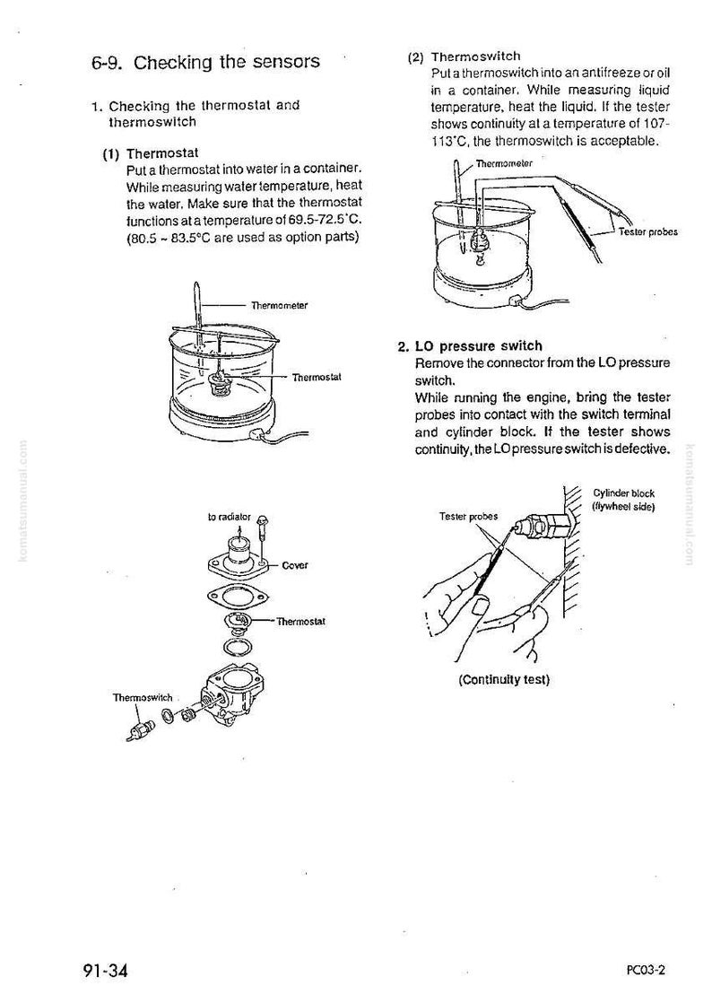 May include: Diagrams illustrating the process of checking sensors, including thermostats and thermoswitches. The image shows components like thermometers, tester probes, and a cylinder block, with text instructions.
