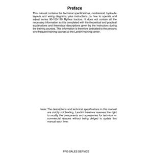 May include: A white manual page with the title "Preface" and text describing technical specifications, instructions, and training courses for Landini Mythos tractors. Includes the text "PRE-SALES SERVICE Novembre 2004".