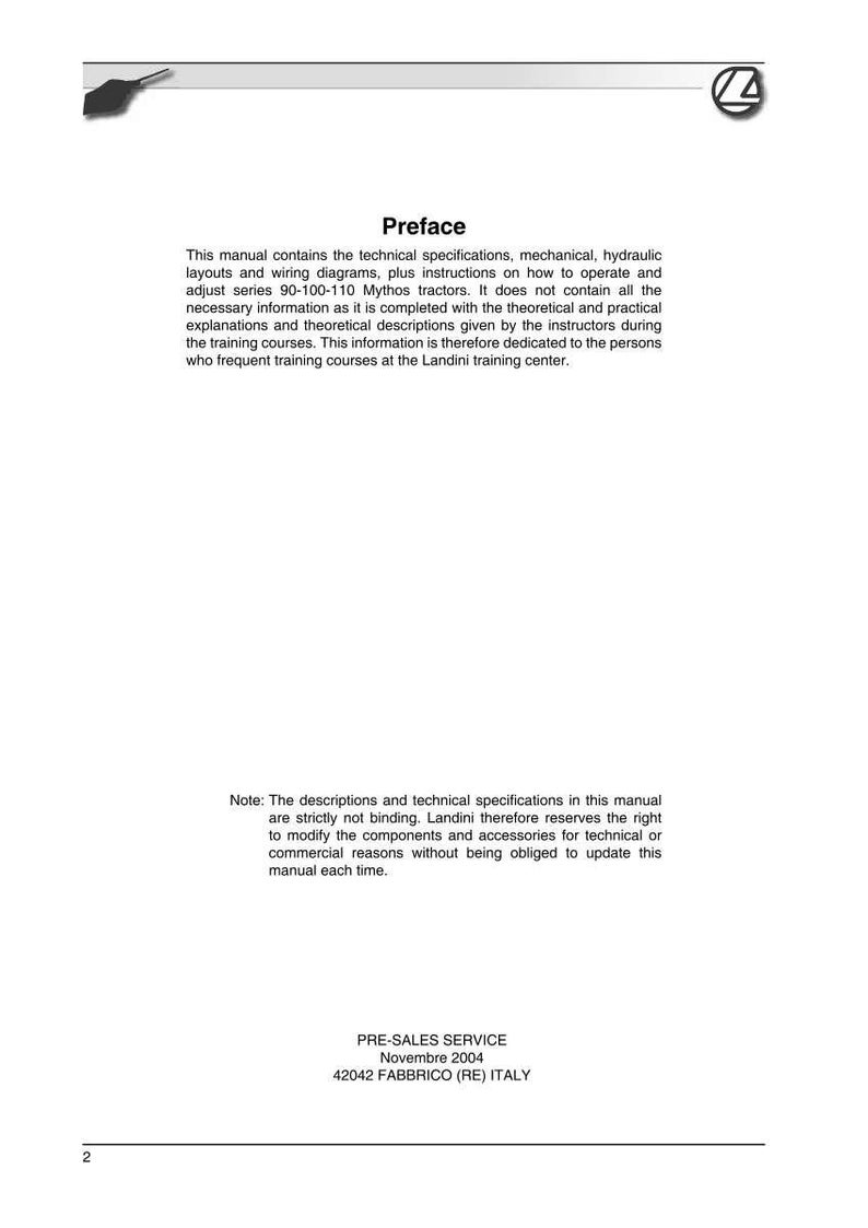 May include: A white manual page with the title "Preface" and text describing technical specifications, instructions, and training courses for Landini Mythos tractors. Includes the text "PRE-SALES SERVICE Novembre 2004".