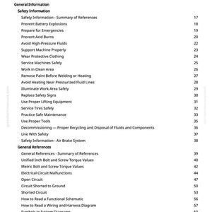 May include: A white page titled "Table of Contents" from a manual. The table lists safety information, general references, and diagnostic trouble codes. Topics include battery explosions, acid burns, and electrical circuit malfunctions.