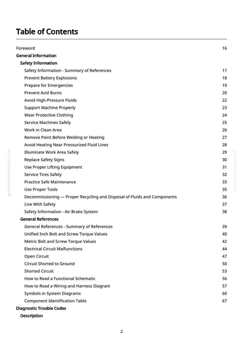May include: A white page titled "Table of Contents" from a manual. The table lists safety information, general references, and diagnostic trouble codes. Topics include battery explosions, acid burns, and electrical circuit malfunctions.