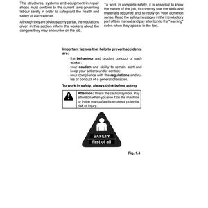 May include: A page from a manual with the title "Essential rules for accident prevention." The text emphasizes workplace safety, including the use of tools and materials. A safety symbol with the text "SAFETY first of all" is also shown.