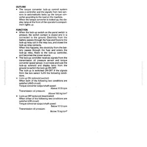 K&ouml;nnte beinhalten: Eine Seite aus einem Handbuch mit den &Uuml;berschriften &bdquo;OUTLINE&ldquo; und &bdquo;FUNCTION&ldquo;. Der Text beschreibt das Drehmomentwandler-Verriegelungssteuersystem, einschlie&szlig;lich seiner Komponenten und Betriebsbedingungen. Enth&auml;lt technische Spezifikationen.